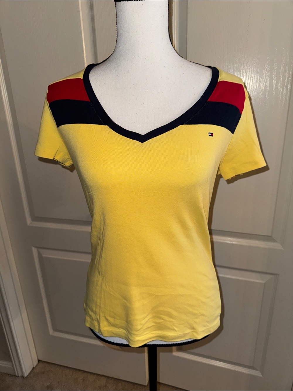 Tommy Hilfiger -  Yellow V-Neck Tee with Navy and Red Shoulder Stripes - Size S
